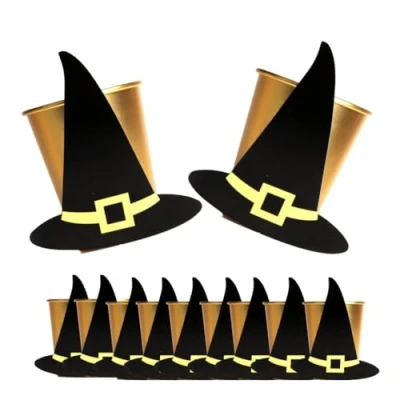 Image of Halloween Party Cups Witch Hats Pack of 10 Gold Paper with Attachable Black Do It Yourself Tableware Decoration