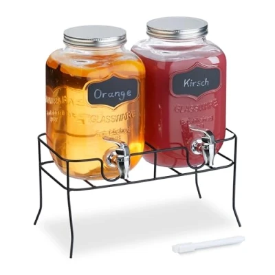 Image of Relaxdays 2x Drink Dispenser, 4L, Beverage Containers, Stand, Party Accessory, Tap and Lid, Glass &amp; Plastic, Transparent