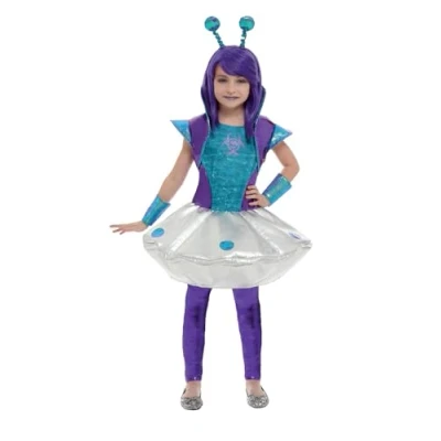 Image of Smiffys Alien Girl Costume, Silver with Dress, Leggings, Wristcuffs &amp; Headband, Halloween Child Fancy Dress Up Costumes