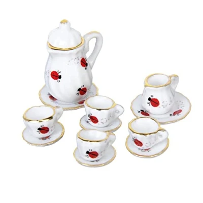 Image of 15Pcs 1/12 Doll House Miniature Dining Ware Porcelain Tea Set Dish Cup Plate Ladybug Print Mini Dollhouse Accessories Sets