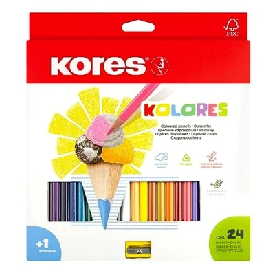 Image of Kores Kolores, 24 Triangular Shape Colouring Pencils Coloured with Soft Lead, Shape, FSC Wood Stationery Supplies, Colour Set of in Carton Case Sharpener