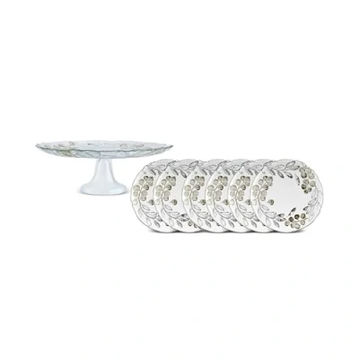 Image of Karaca Eucaliyptus 7 Piece Glass Dessert Set, Cake Dome with Stand, Dessert/Side Plate, Brown