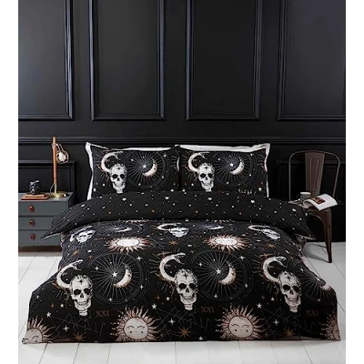 Image of Rapport Home Tarot Microfibre Double Duvet Cover Set, Skulls and Stellar Bedding Set,Black