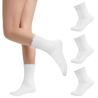 Image of 3 Pairs Ruffle Socks Women Casual Cute Ankle Breathable Knit Cotton Soft Frilly Crew for (UK, Alpha, One Size, Regular, White)