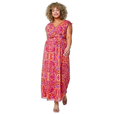 Image of Roman Curve Printed Crinkle Shirred Midi Dress for Women UK Ladies Everyday Holiday Spring Summer Square Neckline Comfy Soft Evening Vacation Work Party Red Purple Size 30
