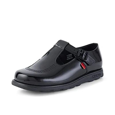 Image of Kickers Women&#039;s Fragma T Buckle Black Leather School Shoes, Patent Black, 6.5 UK