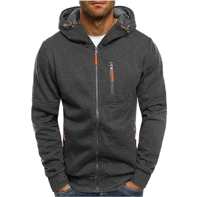 Image of CAZOY Men Sport Coat Zip Hoodie Mens Long Sleeve Full Zipper Up Hooded Sweatshirt Pullover Jacket Sweater Jumper with Pocket for Running Workout Fitness Dark Grey UK Size 8