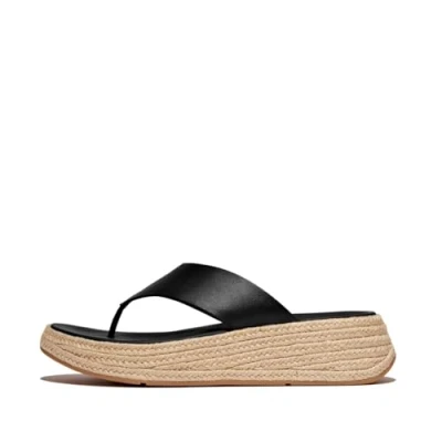 Image of Fitflop Women&#039;s F Mode Espadrille Leather Flatform T/Post Sandals, Black, 6 UK