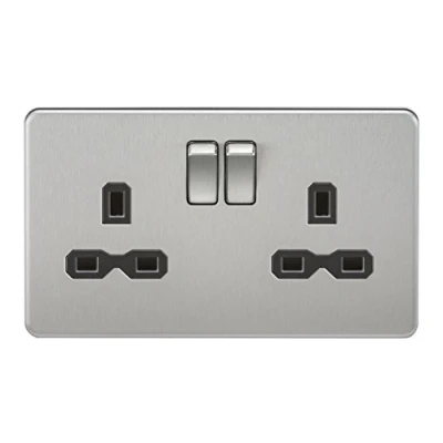 Image of KnightsBridge 13A 2G DP Screwless Brushed Chrome 230V UK 3 Pin Switched Electric Wall Socket Black Insert