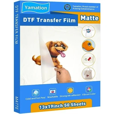 Image of Yamation DTF Transfer Film: 13x19 Inch 50 Sheets Premium Double Sided Matte Finish PET Paper Direct to Film for T Shirt, transparent
