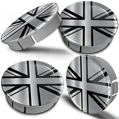 Image of Biomar Labs® 4 x 60mm 3D Universal Wheel Hub Centre Caps UK GB Union Jack United Kingdom England British National Flag Silver Black Center Rims CS 19