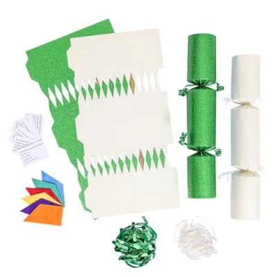 Image of evelay 12 Make Your Own Christmas Cracker Kit DIY Cream &amp; Green Glitter Crackers Hats Snaps Jokes (Cream, Green)