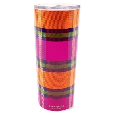 Image of kate spade new york Cute Stainless Steel Mug, 24 Ounce Travel Tumbler, Double Wall Insulated Cup with Lid, Grand Plaid Duo