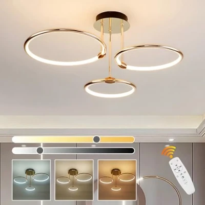 Image of Led Gold Ceiling Light, 3 Round Ring Design/ Ø56cm Chandelier, 60W Stepless Dimmable, Creative Metal Electroplate Pendant, Modern Lamp For Bedroom Living Children Office Study Kitchen Hallway