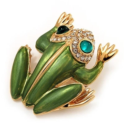 Image of Avalaya Large Bright Green Enamel Diamante &#039;Frog&#039; Brooch in Gold Plated Metal 4.5cm Length