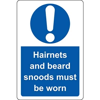 Image of Hairnets and beard snoods must be worn food production Safety sign Self adhesive sticker 200mm x 150mm