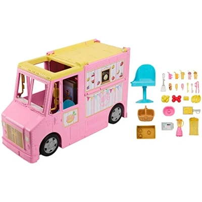 Image of Barbie Sets, Lemonade Truck Playset with 25 Pieces, Prep and Dining Areas, Colorful Food Drink Accessories, HPL71