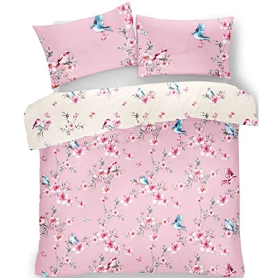 Image of FAIRWAYUK Pink Duvet Cover, Printed Bedding Set Reversible Quilt with 2x Pillow Case, Poly Cotton, Easy Care, Double, King (BIRDIE BLOSSOM PINK, Kingsize Cover)
