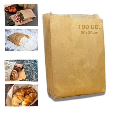 Image of 100 Kraft Paper Bags (30 x 20 cm) Gift for Snacks without Handles Breakfast Bag Craft