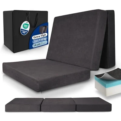 Image of Beautissu Premium XL Folding mattress 100x200 cm guest bed extra thick 14cm visco foam hardness H3 high sleeping comfort, washable foldable easy transport anthracite