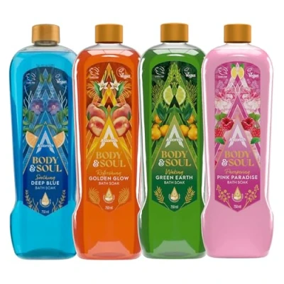 Image of Astonish Body &amp; Soul Bath Soak Bundle, 750ml Bottles, Pack of 4, Includes Deep Blue, Golden Glow, Green Earth, and Pink Paradise Scents, Vegan Cruelty Free
