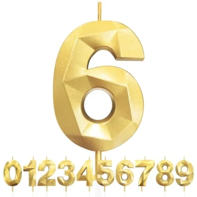 Image of 6th Birthday Candles, Number 6 Candle, Gold Candles for Cake, Diamond 3D Happy Cake Candle Decorations Party Wedding Anniversary Celebration Supplies
