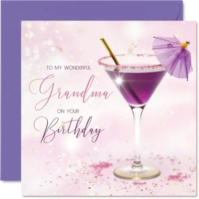Image of Grandma Birthday Card Purple Cocktail Happy for from Grandson Granddaughter, 145mm Bday Greeting Cards