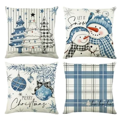 Image of Christmas Cushion Covers Set Of 4, 45 x 45cm Pillow Cases Blue Decorations Covers, Snow Pine Tree Decorative Design For Throw Pillow, Sofa, Bedroom