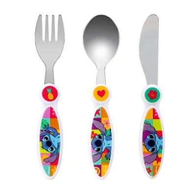 Image of Disney Stitch Children&#039;s Kids 3pcs Cutlery Set Knife/Fork/Spoon