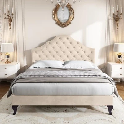 Image of Merax Upholstered Bed Height Adjustable Headboard (135 * 190CM) with Slatted Frame Youth and Single Wooden Slat Support, Easy Assembly Without Matress Elegant Beige Velvet