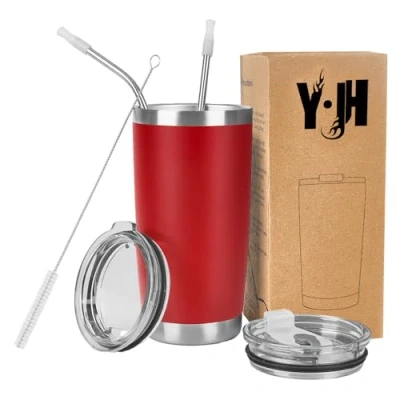 Image of Y·J&amp;H 20oz (550ml) Travel Tumbler Double Wall Vacuum Insulated Coffee Mug Stainless Steel Cup with 2 Splash Proof Lid, Straws &amp; Free Cleaning Brush, BPA Red