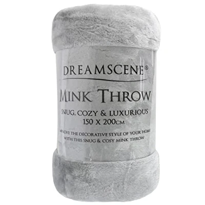 Image of Dreamscene Luxury Faux Fur Mink Fleece Throw Over Sofa Bed Soft Warm Blanket, Silver, 150 x 200 cm, Double