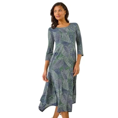 Image of Roman Originals Hanky Hem Swing Dress with Pockets for Women UK Ladies Asymmetric Hemline Stretch Jersey 3/4 Sleeve Winter Smart Casual Work Office Knee Length Tunics Navy Green Size 10