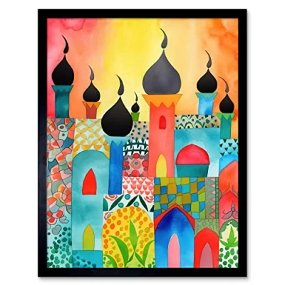 Image of Artery8 Abstract Islamic Cityscape Folk Art Print Framed Poster Wall Decor 12x16 inch