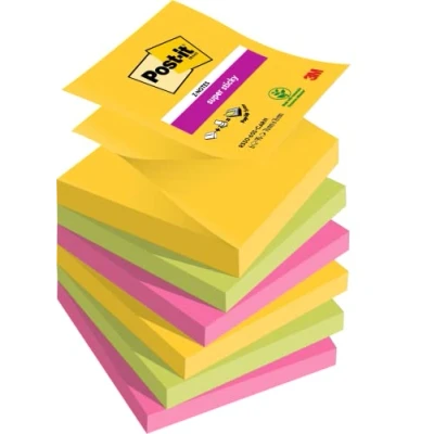 Image of Post it Super Sticky Z Notes, Carnival Colour Collection, 76 mm x mm, 90 Sheets/Pad, 6 Pads/Pack