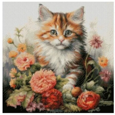 Image of Kitten and flower counted cross stitch kits,100% cotton,14count, 150x 150 26x 26 cm cotton cat kits