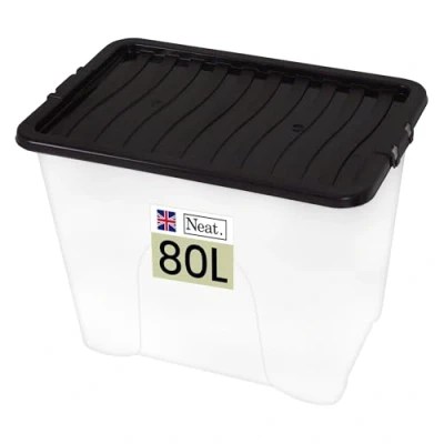 Image of Neat. Plastics 80L Storage Box, Clear Base, Black Lid Organise Easily with Plastic Box Lid, Ideal Boxes for Storage, Durable Lids Pack of 1