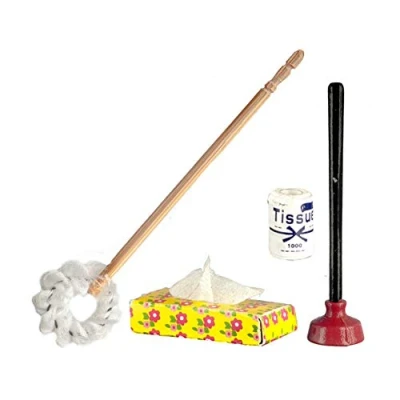 Image of Dolls House Traditional Toilet Brush Tissue Plunger Miniature Bathroom Accessory