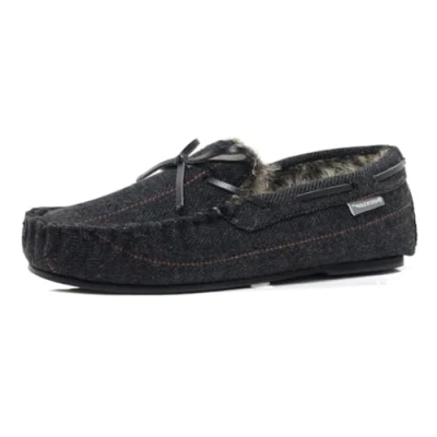 Image of DUNLOP Mens GEORGE Memory Foam Slippers Moccasin Loafers Faux Sheepskin Fur with Rubber Sole (Black Plaid, UK Footwear Size System, Adult, Men, Numeric, Medium, 12)