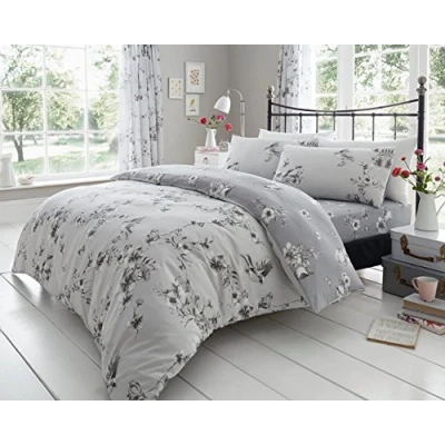 Image of GC GAVENO CAVAILIA Birdie Blossom Single Duvet Set, Easy Care Polycotton Reversible Floral Bedding, Cosy Botanical Quilt Bed Set With Matching Pillowcase, Grey
