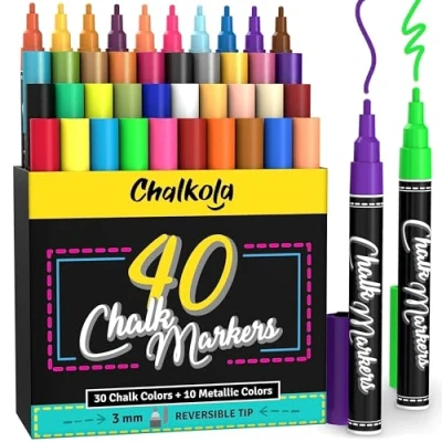 Image of Chalkola Chalk Pens Pack of 40 (Neon, Classic &amp; Metallic) For Chalkboard, Blackboard, Window, Labels, Bistro, Glass Wet Wipe Erasable 3mm Reversible Tip