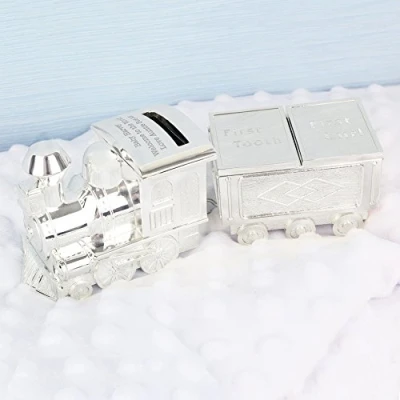 Image of County Engraving Personalised Train Money Box with First Tooth &amp; Curl (70H x 180L mm, Silver Plated)