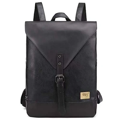 Image of DokinReich Laptop Backpack PU Leather 14 Inch Notebook Rucksack for Women, Men Students Daypack Travel, Business, College (Black)
