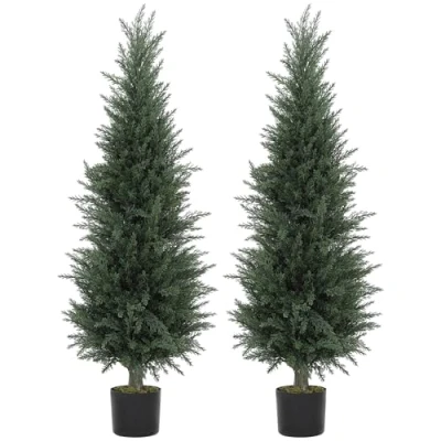 Image of HOMCOM Set of 2 Decorative Artificial Plant, 120 cm Cypress Tree with 638 Leaves in Pot, UV Resistant Plastic Fake for Indoor Outdoor Home Office