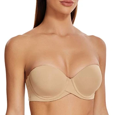 Image of MELENECA Women&#039;s Push up Strapless Bras with Lift Stay Put Padded Cup Almond 34F