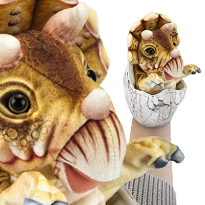 Image of VFM Triceratops Egg Hand Puppet 23cm Toy Highly Detailed &amp; Super Soft Brown Fabric Stuffed Animal Realistic Dino Hatchling Cuddly Plush Natural World