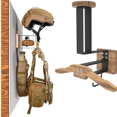 Image of HHUXIUE Motorcycle Helmet Holder Wall Mount, Tactical Gear with Stand and Plate Carrier Hanger, Solid Wood Rack Organizer &amp; Display for Police, Football, Cycling