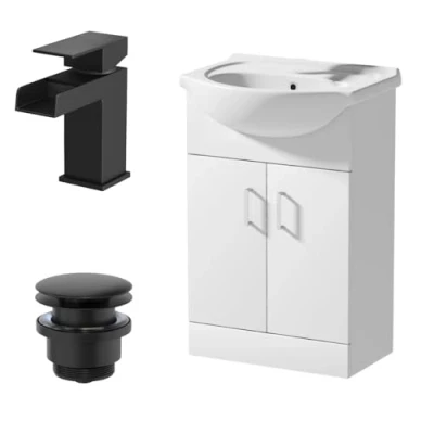 Image of Affine® 560mm Bathroom Vanity Unit Ceramic Sink Floorstanding Storage Cabinet Cupboard &amp; Black Waterfall Basin Tap Waste Set, White Gloss