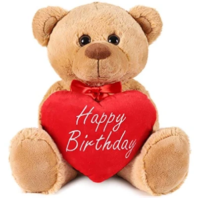 Image of BRUBAKER Teddy Plush Bear With Heart Red Happy Birthday 14 Inches (35 Cm) Cuddly Toy Light Brown