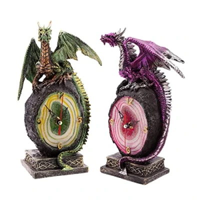 Image of Puckator Dragon on Geode Crystal Gothic Mantle Clock Ideal For Bedside, Desk Detailed Fantasy Quartz Resin 25 Cm Tall 1 AA Battery Not Included